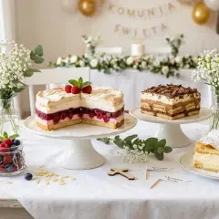 Eleganckie ciasta na komunię: tort z malinami, ciasto czekoladowe i kremówka. Stół ozdobiony kwiatami i owocami.