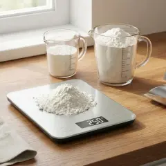 Ważenie mąki na wadze cyfrowej, obok dzbanków z miarką i otwartej paczki. Dokładne odmierzanie mąki to klucz do sukcesu w pieczeniu.
