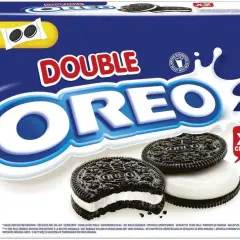 Opakowanie Double Oreo zawiera 100g ciastek. Na opakowaniu widać dwa ciastka Oreo z podwójnym kremem.