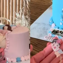 Uroczy tort na baby shower z figurką ciężarnej kobiety. Dekoracja w kolorach różowym i niebieskim, z napisem "Please us a sec".