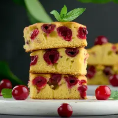 Puszyste ciasto z wiśniami, ułożone w stosik, ozdobione listkiem mięty. Obok leżą świeże wiśnie.