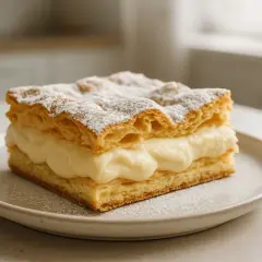 Puszyste ciasto karpatka z kremem, posypane cukrem pudrem. Idealne na deser, gdy szukasz sprawdzonego ciasto karpatka przepis.