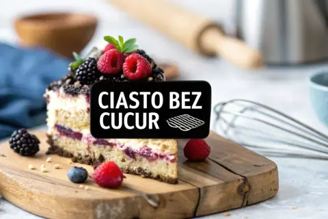 Pyszne ciasto bez cukru, udekorowane malinami i jeżynami, na drewnianej desce. Idealne dla dbających o zdrowie.