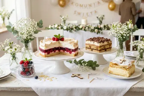 Eleganckie ciasta na komunię: tort z malinami, ciasto czekoladowe i kremówka. Stół ozdobiony kwiatami i owocami.