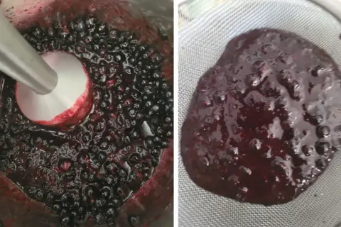 Mieszanie jagód blenderem, by uzyskać gładką masę na żelkę do tortu. Po lewej blender w jagodach, po prawej gotowa żelka na sitku.