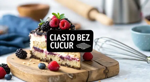 Pyszne ciasto bez cukru, udekorowane malinami i jeżynami, na drewnianej desce. Idealne dla dbających o zdrowie.
