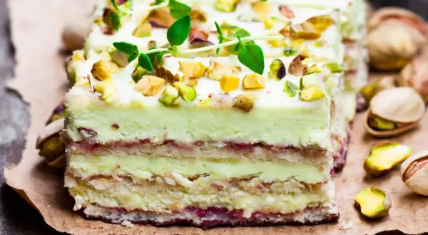 Pyszne ciasto pistacjowe z mascarpone, udekorowane orzechami i świeżymi ziołami, prezentuje się apetycznie na papierze.