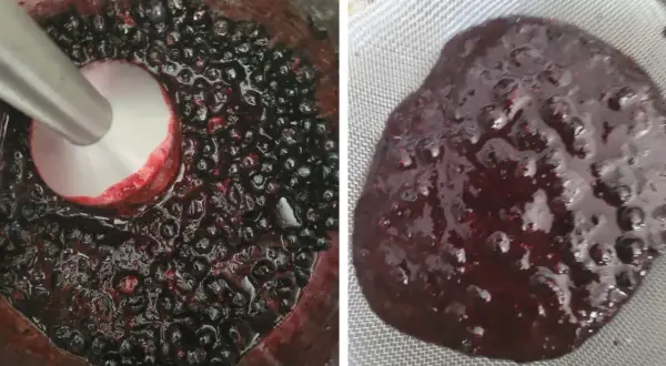 Mieszanie jagód blenderem, by uzyskać gładką masę na żelkę do tortu. Po lewej blender w jagodach, po prawej gotowa żelka na sitku.
