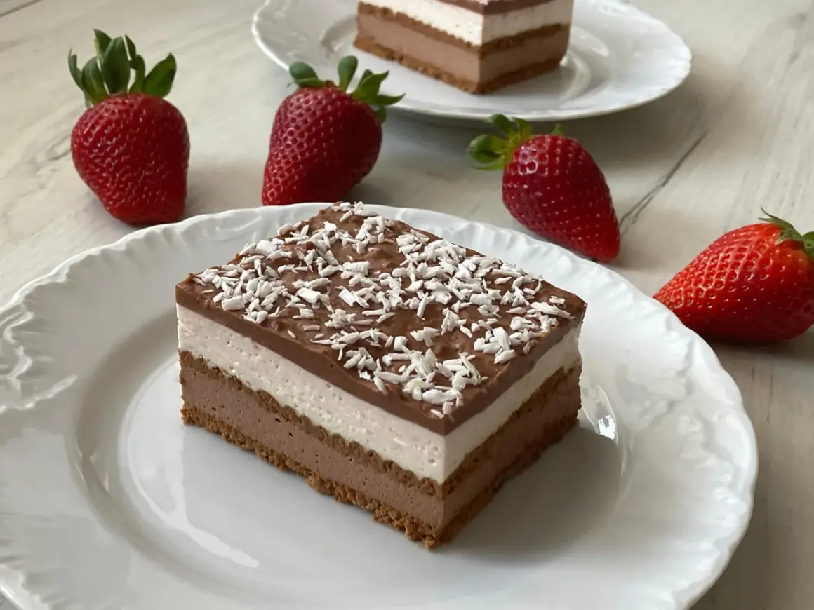 Pyszne ciasto z mascarpone bez pieczenia, warstwowe, z polewą czekoladową i wiórkami kokosowymi. Obok świeże truskawki.