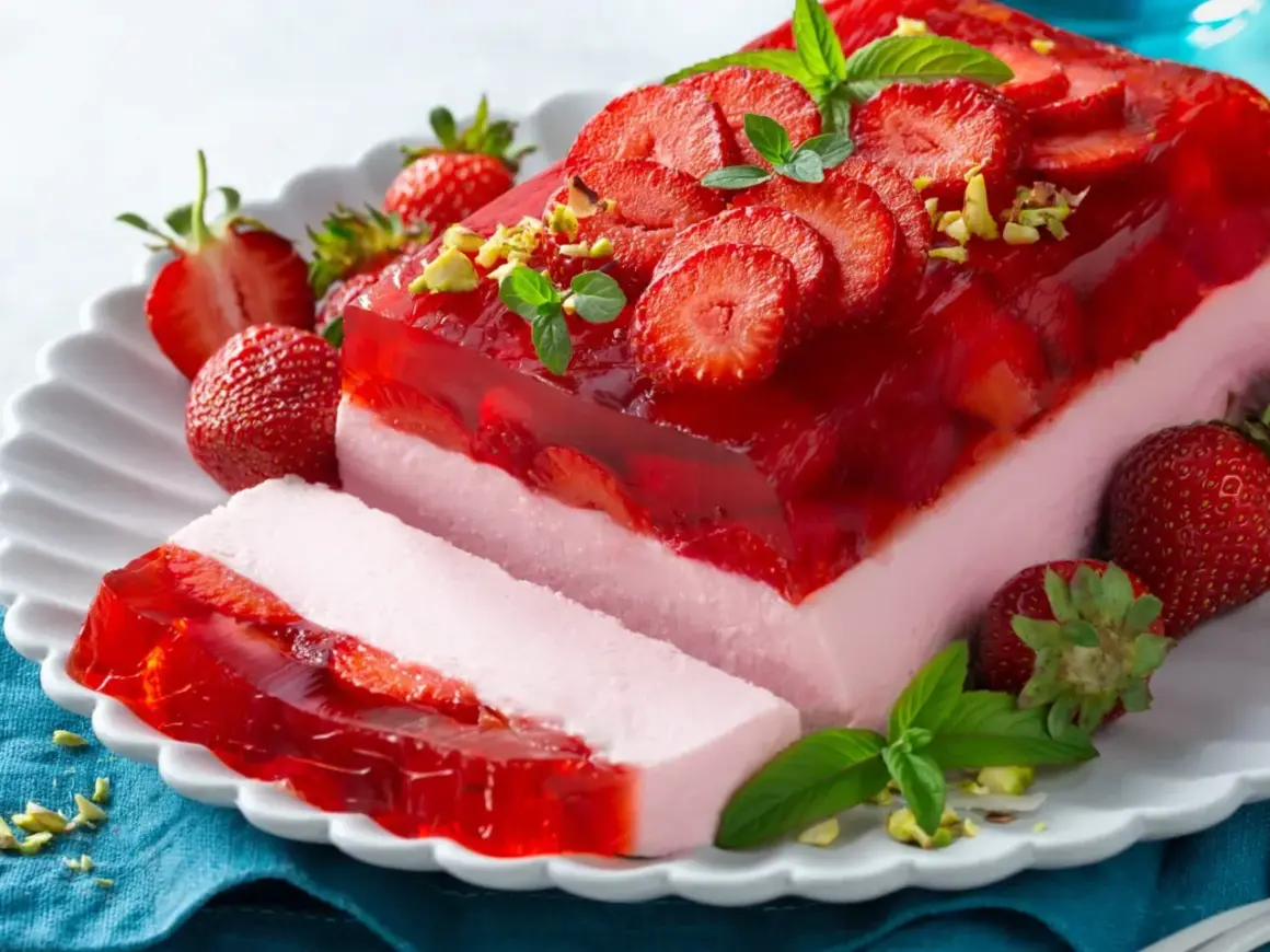 Pyszny sernik na zimno z galaretką i truskawkami, udekorowany miętą i pistacjami. Idealny na letnie popołudnie.