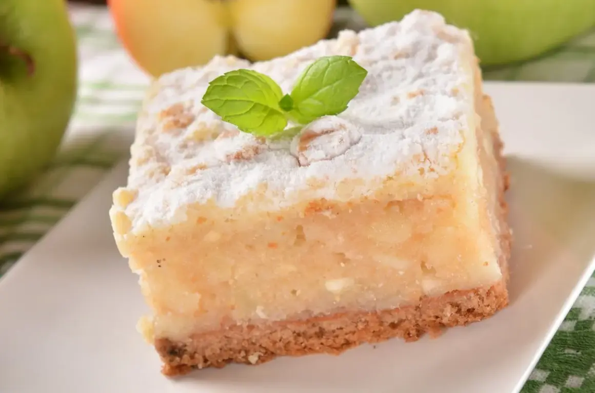 Pyszne, ekspresowe ciasto z jabłkami, posypane cukrem pudrem i udekorowane listkiem mięty. Idealne na szybki deser.