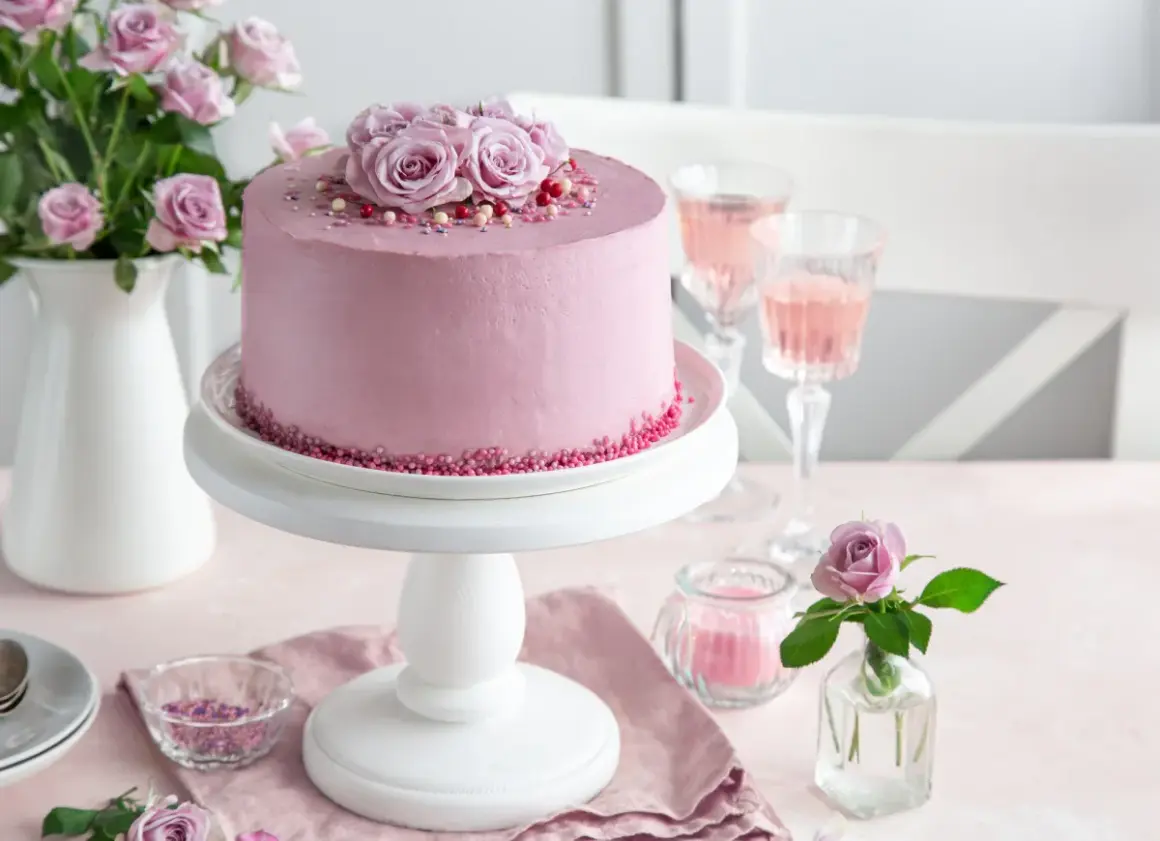 Elegancki tort urodzinowy dla kobiety, udekorowany różami i posypką. Idealny na wyjątkową okazję.