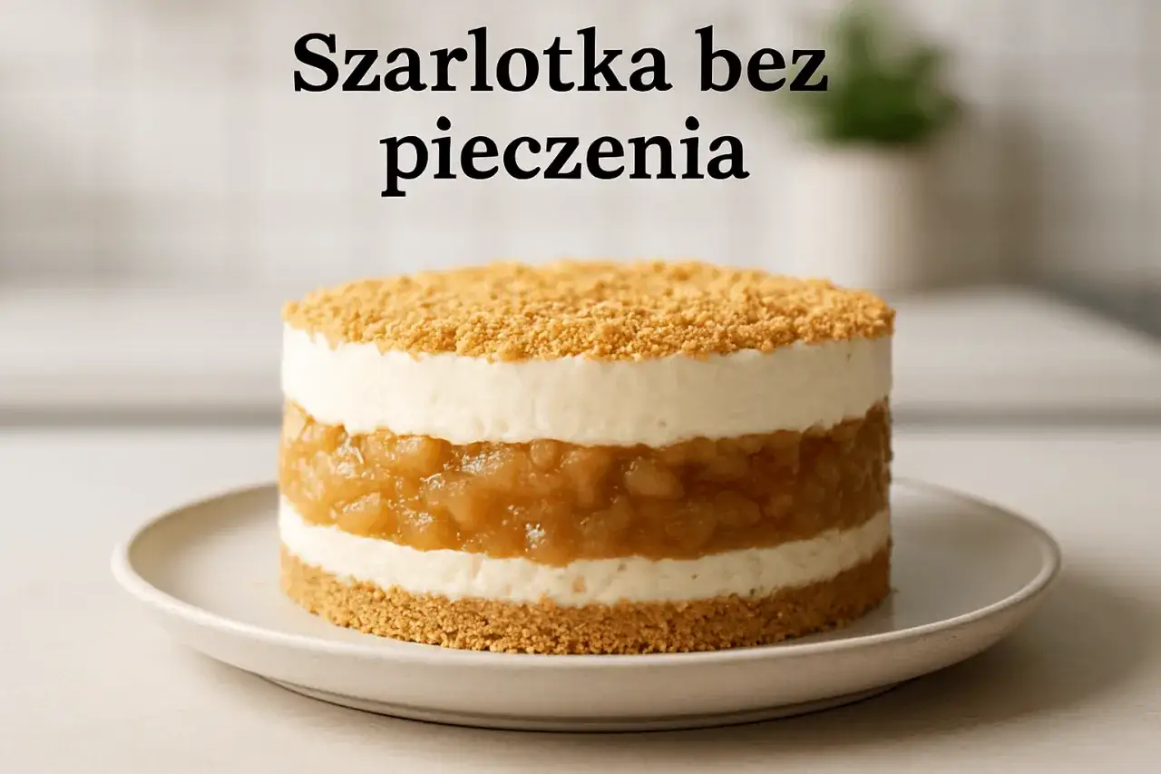 Warstwowa szarlotka bez pieczenia z kremem i jabłkami, posypana okruszkami. Idealna na deser.