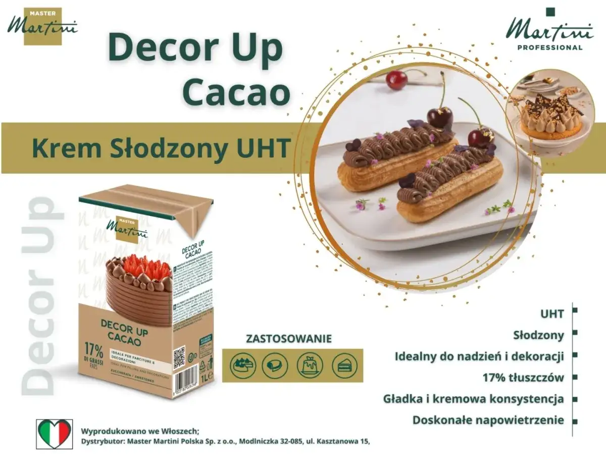 Krem Słodzony UHT Decor Up Cacao – tradycyjny krem do tortu, idealny do nadzienia i dekoracji. Gładka, kremowa konsystencja.