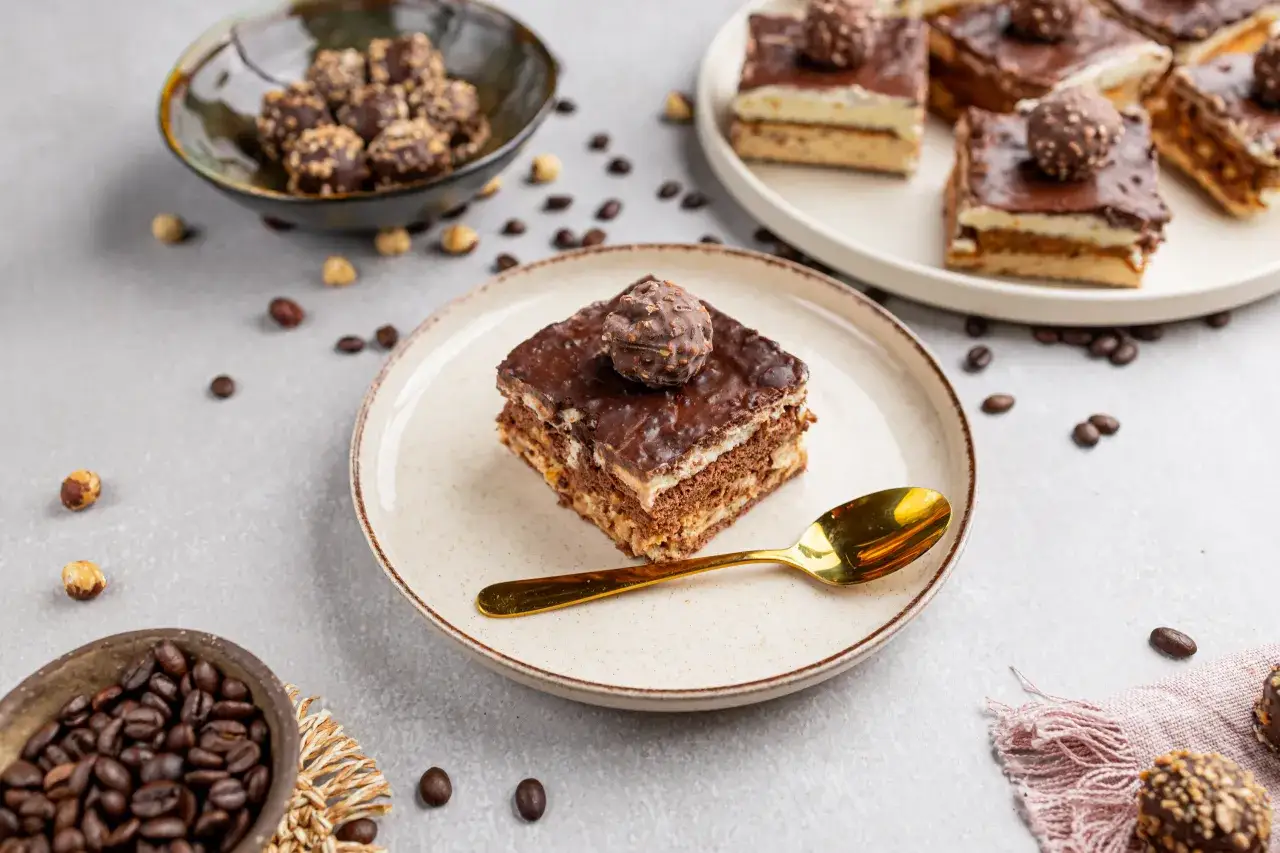Pyszne ciasto Ferrero Rocher z czekoladą i orzechami, podane na talerzu ze złotą łyżeczką. Obok kawałki ciasta i ziarna kawy.