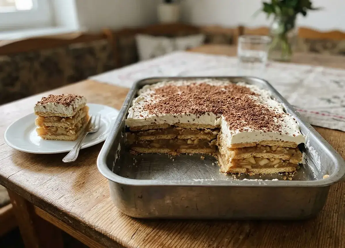Pyszna szarlotka bez pieczenia z warstwami ciastek, jabłek i bitej śmietany, posypana czekoladą.