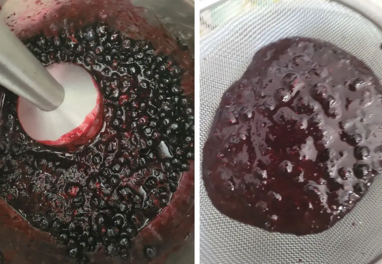 Mieszanie jagód blenderem, by uzyskać gładką masę na żelkę do tortu. Po lewej blender w jagodach, po prawej gotowa żelka na sitku.