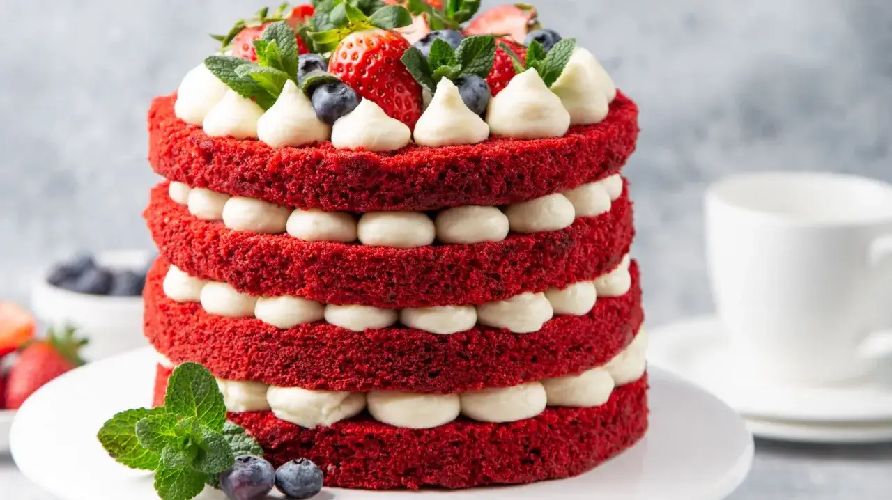 Piętrowy tort Red Velvet z kremem i owocami, jakby stworzony z miłości. Idealny na każdą okazję, by wyrazić uczucia.