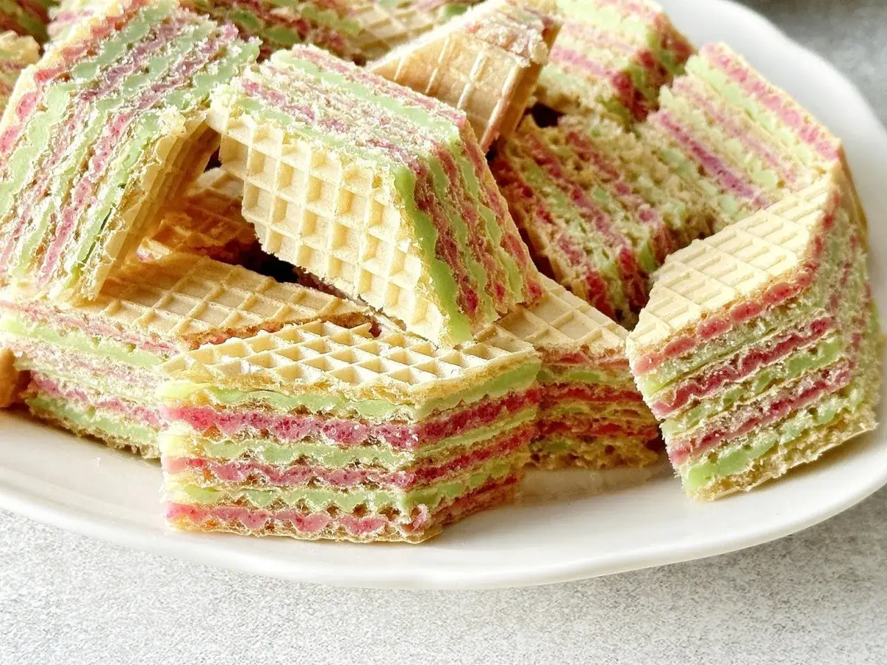 Warstwowe wafle z kremem galaretkowym i śmietanowym, idealne na deser.
