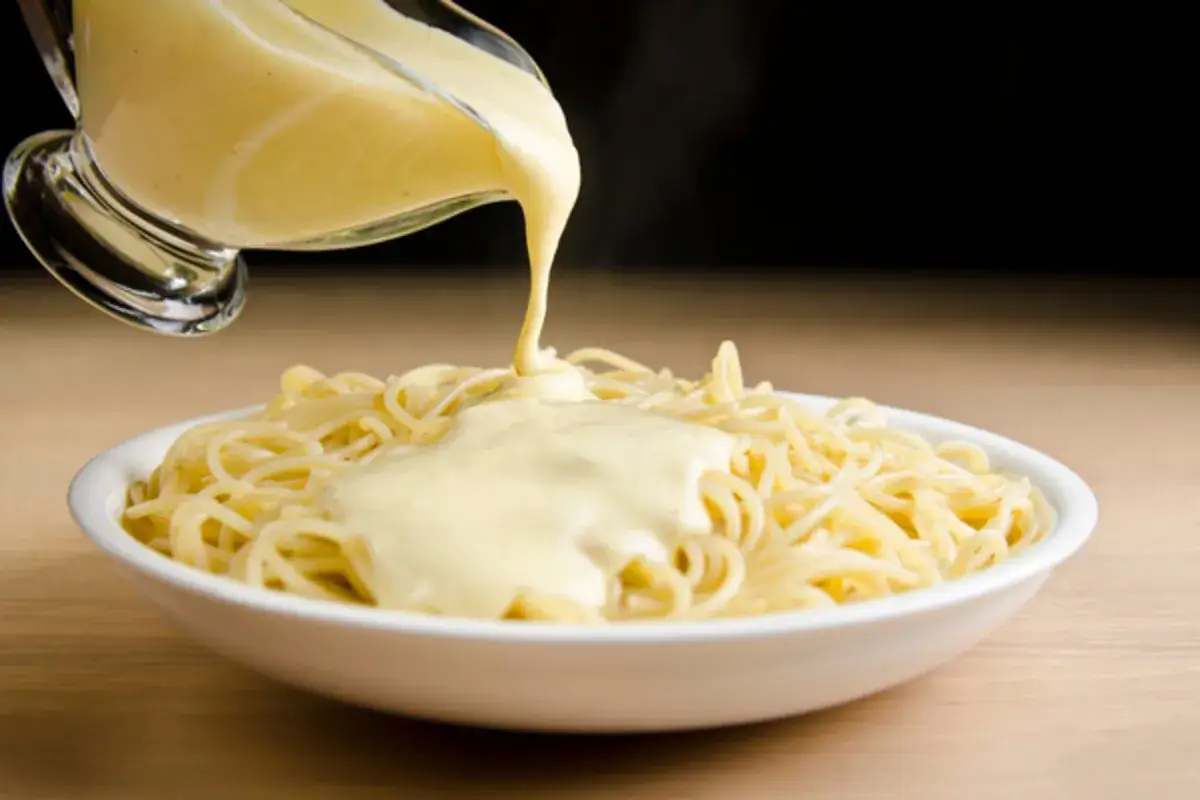 Sos serowy wylewany na spaghetti. Czy można zrobić zasmażkę z mąki ziemniaczanej do takiego sosu?