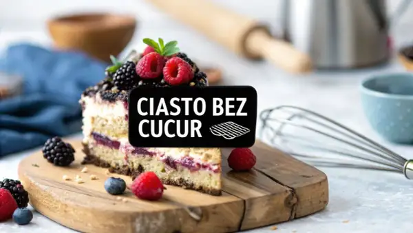 Pyszne ciasto bez cukru, udekorowane malinami i jeżynami, na drewnianej desce. Idealne dla dbających o zdrowie.