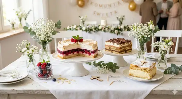 Eleganckie ciasta na komunię: tort z malinami, ciasto czekoladowe i kremówka. Stół ozdobiony kwiatami i owocami.