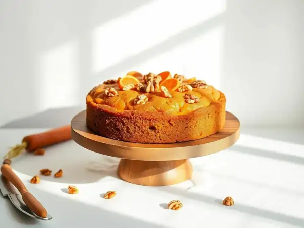 Pyszne ciasto bez glutenu, udekorowane pomarańczą i orzechami, prezentuje się apetycznie na drewnianej podstawie. Obok leży marchewka.