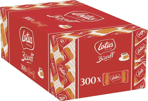 Duże czerwone pudełko z ciasteczkami Lotus Biscoff. Idealne, gdy zastanawiasz się, gdzie kupić ciastka Biscoff na prezent lub do kawy.