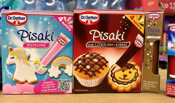 Kolorowe pisaki do pierników Dr. Oetker: pastelowe, czekoladowe i złote. Idealne do dekoracji ciasteczek i wypieków.